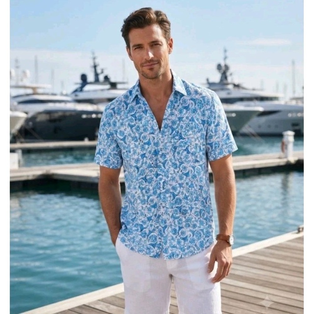 Zegna Sport Shirt Mens Medium Blue Linen Floral Hawaiian Ermenegildo Casual